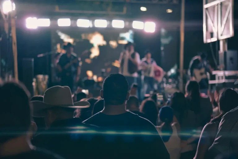 Crowd watching a live band on an outdoor stage at night, a cowboy hat in the audience