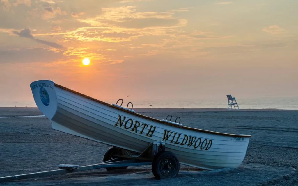 North Wildwood beach patrol rowboat on the sand at sunrise, Wildwood, New Jersey