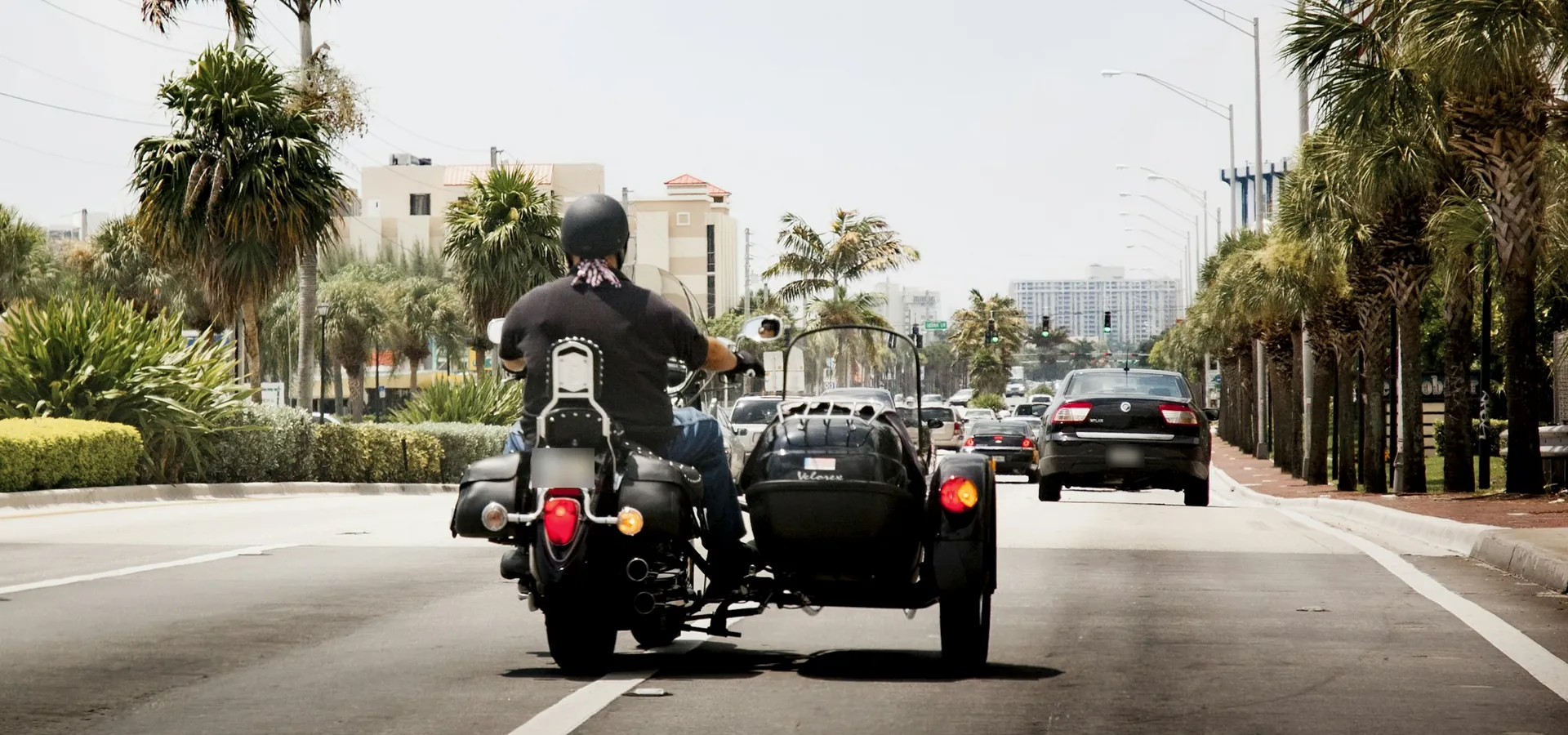 Rider on a cruiser with a sidecar heading down a palm-lined coastal boulevard, the cover photo of our Daytona Bike Week guide
