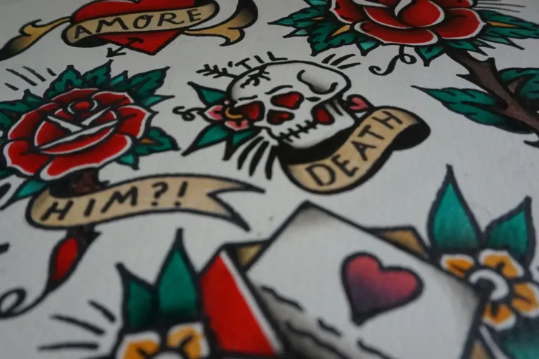 Traditional tattoo flash art of roses, a skull, hearts and ribbon banners